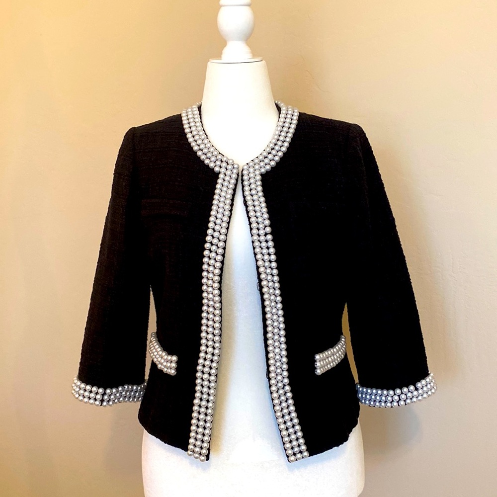 Chanel Style Jacket, Black with Pearl Embellishment, by Boston Proper Size 10